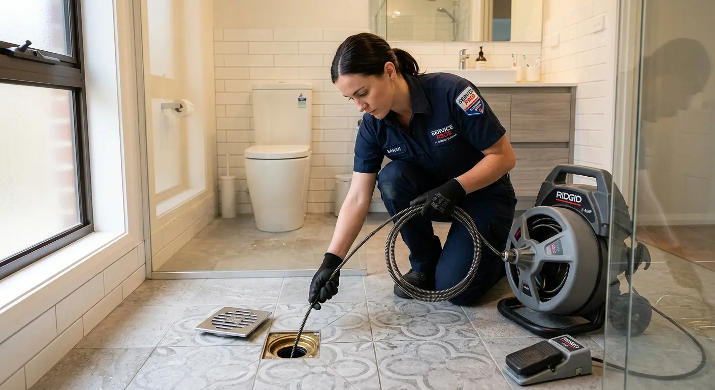 Technician clearing a bathroom floor drain for Sewer Line Installation in Georgetown